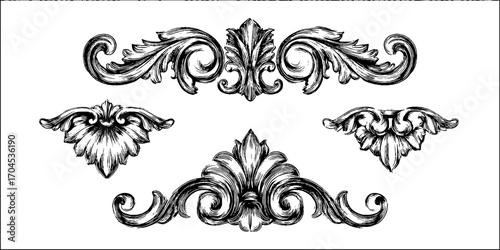 Decorative engraving style lotus and rosette set for design and ornamentation
