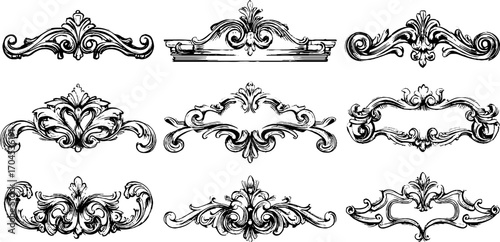 Decorative set of engraving style elements inspired by medieval fortress for design and decoration