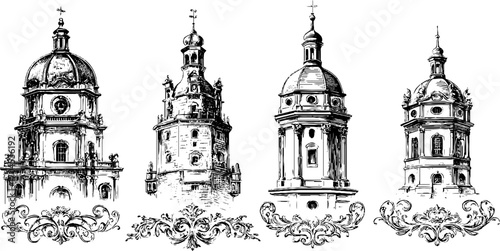 Ornate medieval fortress towers and decorative elements in engraving style for classic design