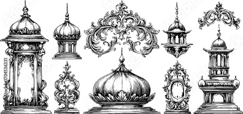 Decorative mughal palace domes and ornaments in engraving style for design and architecture