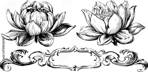 Decorative engraving style set with mughal palace inspired floral ornaments for design