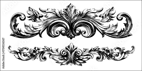 Neoclassical decorative balustrade elements in engraving style for design projects