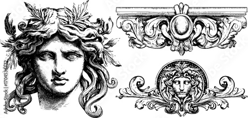 Mythological medusa theme in decorative engraving art set for vintage design