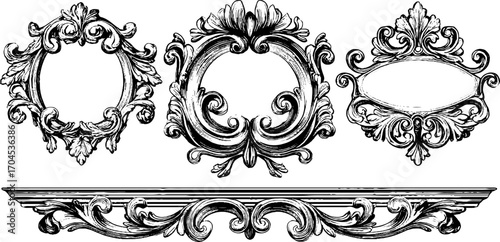 Neoclassical decorative wreath set in engraving style for design projects