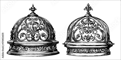 Decorative renaissance domes in engraving style for vintage design and architecture