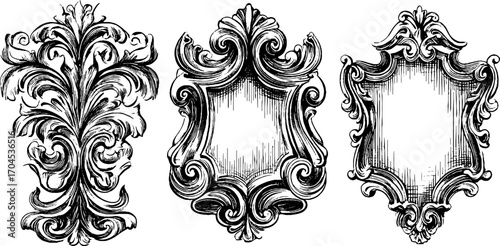 Renaissance grotesque decorative set in engraving style for design and craft projects