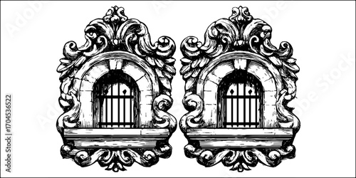 Renaissance loggia decorative elements in engraving style for design and decoration