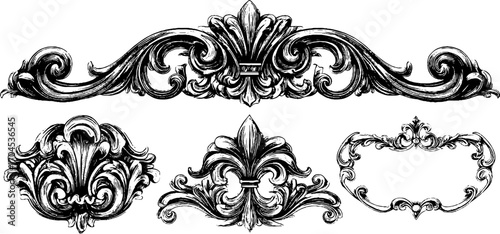 Ornate rococo balcony decorations in engraving style for decorative design