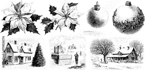 Vintage holiday illustration set: poinsettias, ornaments, snowy house, and winter scene for festive design