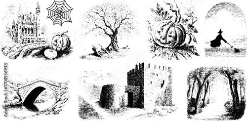 Vintage halloween and autumn engravings set for seasonal design projects