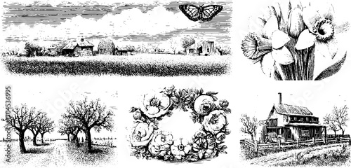 Engraving style rural and floral scene set for retro design