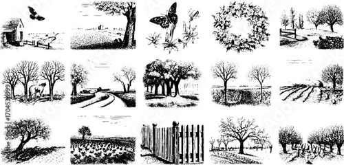 Vintage rural landscape engraving set featuring trees, countryside, and nature elements