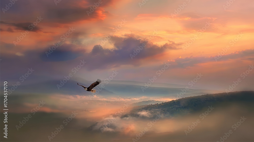 Obraz premium Eagle soaring above misty landscape