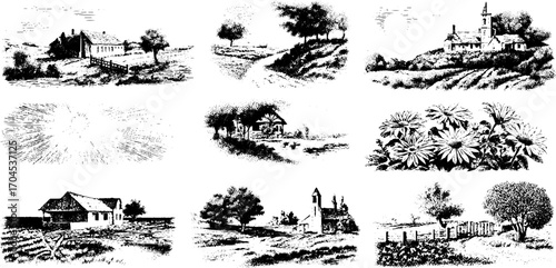 Vintage engraving style illustration set of rural scenes and landscapes