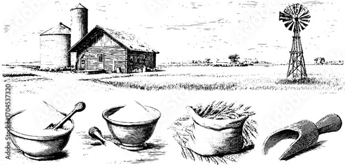 Rustic farmhouse and agricultural tools in vintage engraving style for retro design