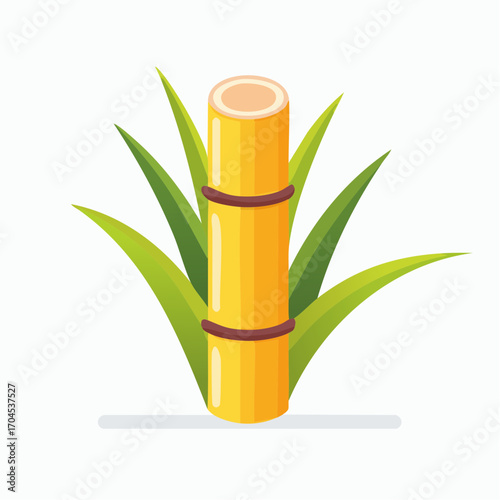 Single Sugarcane Stalk with Green Leaves on White Background