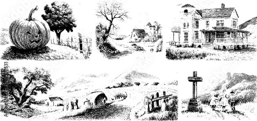 Vintage engraving style illustration set featuring isolated scenes for retro design