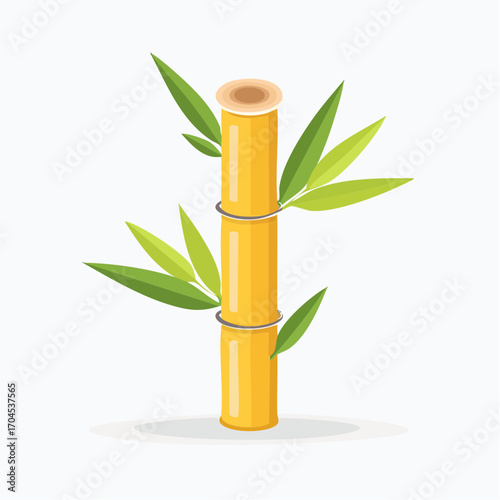Green Bamboo Stalk With Leaves on White Background
