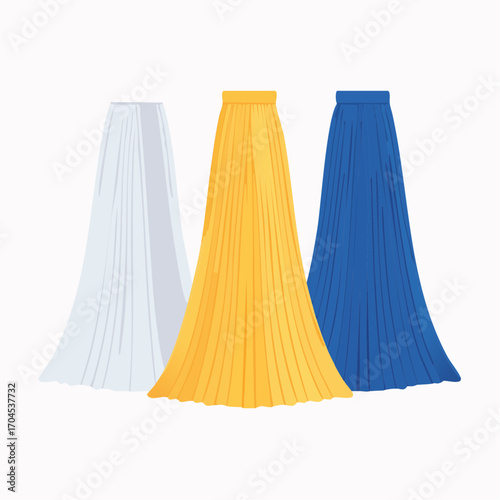 Three Long Pleated Skirts in White Gold and Blue