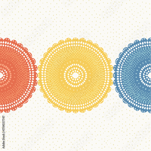 Three Colorful Crochet Doilies on Dotted Background