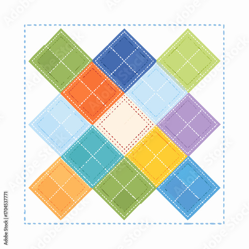 Colorful Geometric Quilt Pattern With Stitched Squares