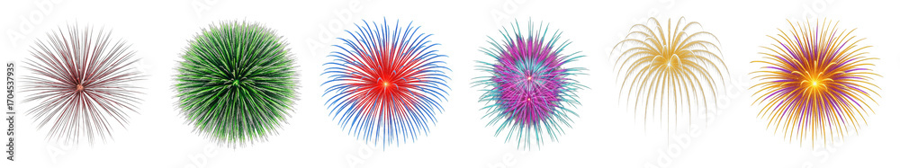 Obraz premium Fireworks set including various colorful bursts and explosive patterns isolated. Festive celebration and holiday collection.