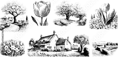 Vintage garden and countryside scenes sketch for design
