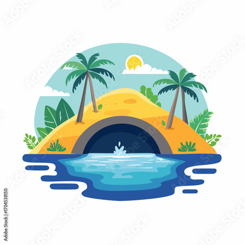 Tropical Island With Palm Trees And Waterfall