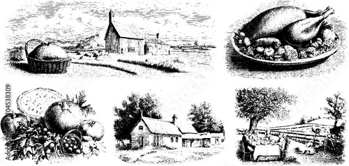 Rustic farmhouse and harvest imagery for design – vintage engraving style set