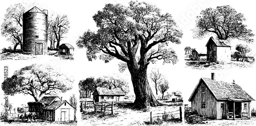 Rustic cabins and trees engraving style illustration set for vintage design