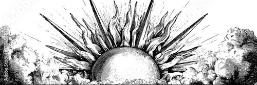 Ornamental vintage frame with sun rays and clouds illustration for decorative banner designs