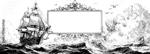 Ornamental vintage frame with nautical ship and ocean waves illustration for design