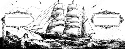 Ornamental vintage nautical frame with sailing ship and waves design for cards or posters