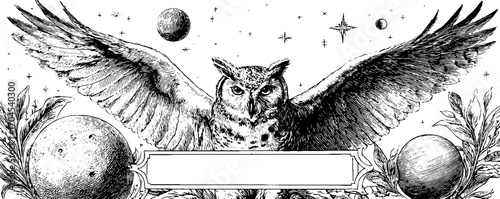 Ornamental vintage owl frame with cosmic elements for decorative banner design
