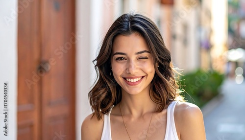 Young woman winking outdoors