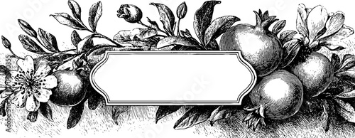 Ornamental vintage frame with pomegranate and floral design for decorative banner or label