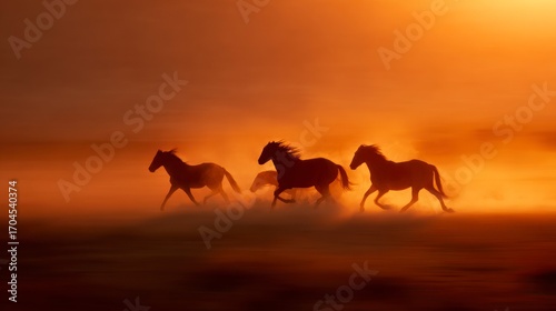 Horses running sunset silhouette