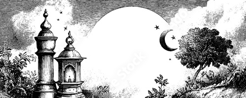 Ornamental vintage frame with lanterns and moon - retro design for decorative banner