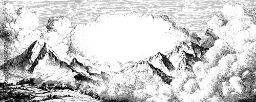 Ornamental vintage frame with mountain landscape in engraving style