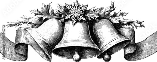 Ornamental vintage frame with bells and ribbon for holiday design