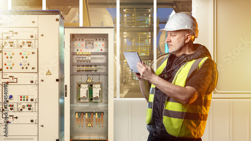 Foto Engineer in a safety vest and helmet inspects an industrial electrical control panel using a digital tablet