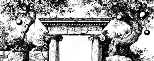 Vintage frame with ancient columns and ornate trees for retro design