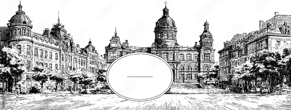 Fototapeta premium Vintage city skyline with ornate frame for retro designs