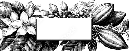 Vintage cocoa pod banner with ornate frame design for product label or packaging