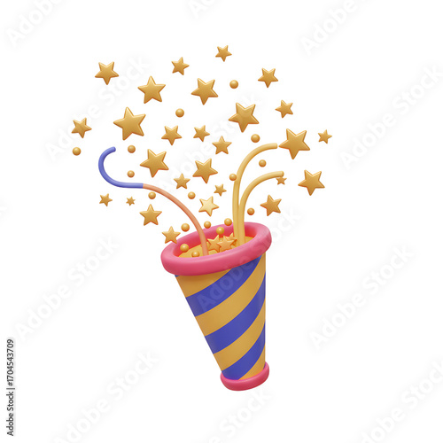 Festive Party Popper with Golden Stars and Confetti Bursting Outward.