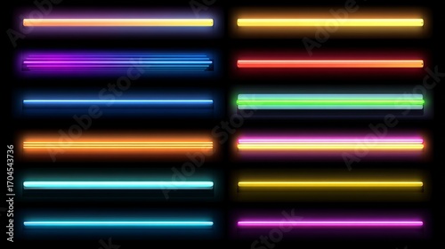 Glowing neon tube lamp set bright LED bar sticks colorful luminous strips for division decoration vector illustration bundle