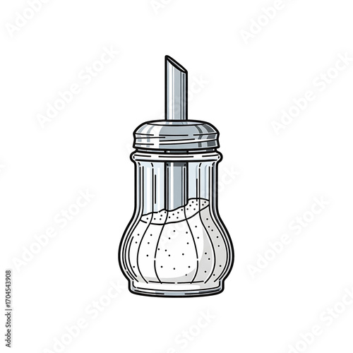 Vintage style glass sugar dispenser with a metal top and a straw.