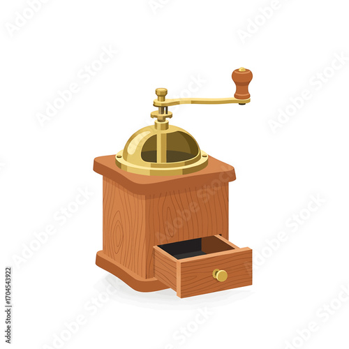 Vintage manual coffee grinder with a wooden body and brass mechanism, shown with the grounds drawer open on a white background.
