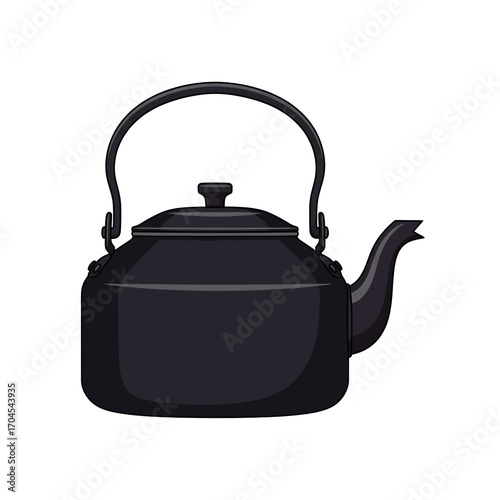 A black kettle with a handle and spout, isolated on a white background.