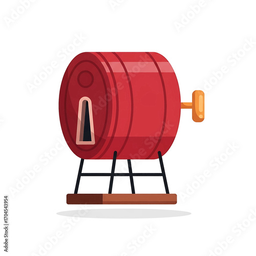 Illustration of a red raffle drum on a stand with a golden handle.